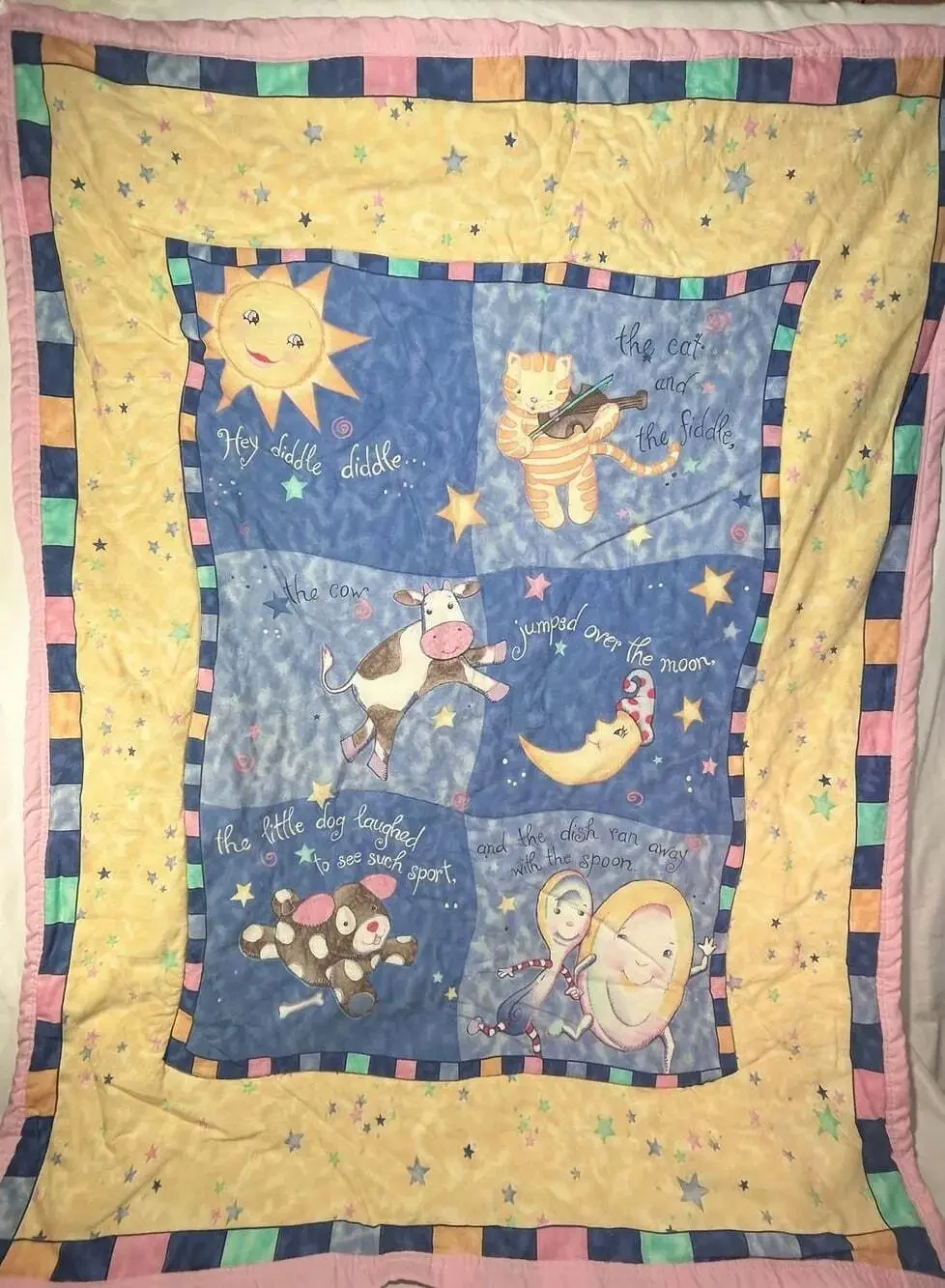 Mother Goose Rhyme Hey Diddle Diddle Pastel Quilt Top Pink Reverse Panel crib